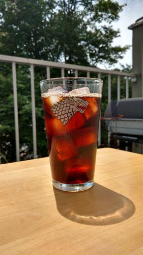 Cold brew coffee in an ironic glass.